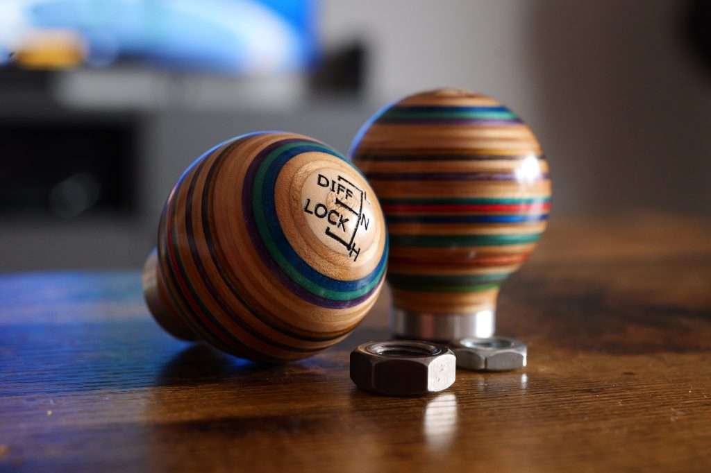Artisan wooden shift knobs fashioned from recycled skateboard decks. Rad!
