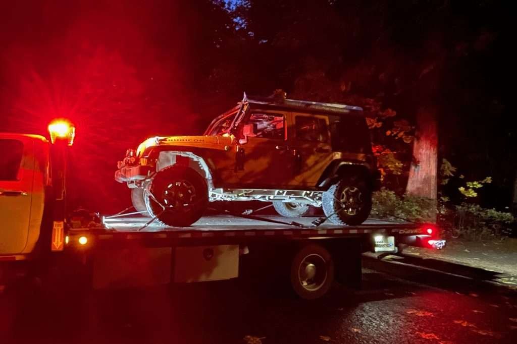 The Jeep gets picked up on a roll-back somewhere in southern Washington